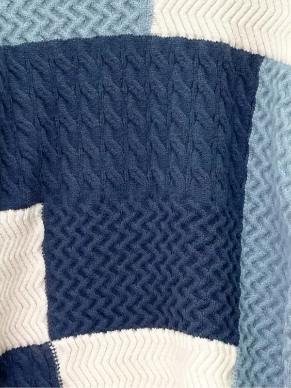 Aelfric Eden Sz XL Patchwork Cable Knit Sweater Blue Cream Colorblock Crewneck - Image 6