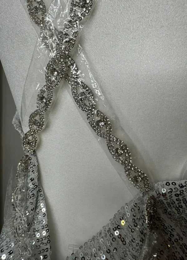Silver Sequin Cowl Neck Mini Dress Sz M - Image 4