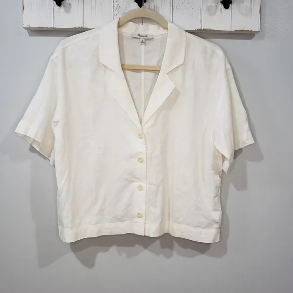 Madewell White Linen Camp Shirt Womens M Button Front Resort Short Sleeve - Image 2