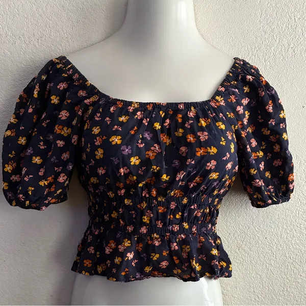 Madewell Puff-Sleeve Square Neck Smocked-Waist in Aloha Floral Crop Top S - Image 4