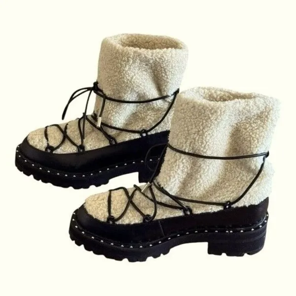 AQUA Fuzz Women’s Leather Lug Sole Sherpa Lace Up Winter Boot Black Size 6.5 - Image 8