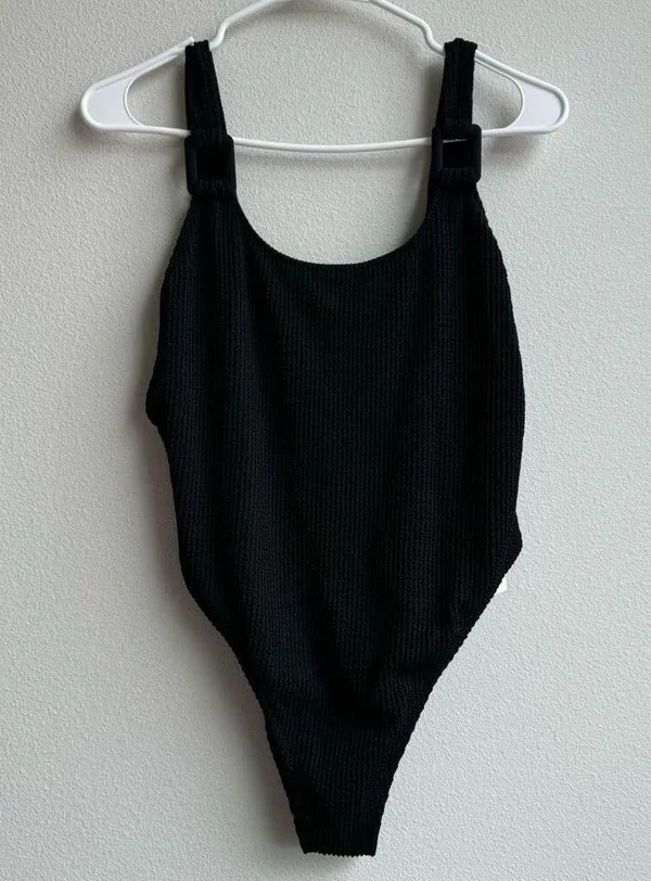 NWT Aerie Size Large Crinkle Cheeky Coverage One Piece Swimsuit Black Scoop Back - Image 2