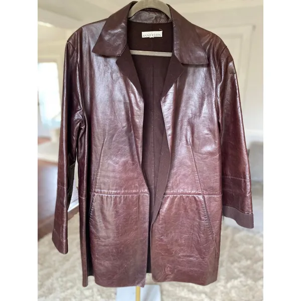 Anne Klein Leather Long Coat Brown Made in Korea Open Front Minimalist Classic L - Image 2