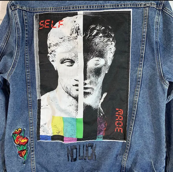 Brooklyn Cloth Jacket Embroidered Patches Denim Blue size L Juniors - Image 4