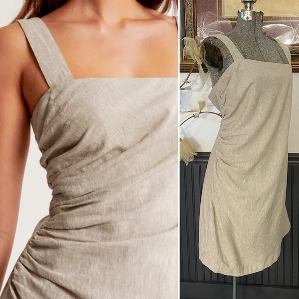 Abercrombie & Fitch Linen Blend Asymmetrical Ruched Square Neck Dress XL🧡🎀 - Image 12