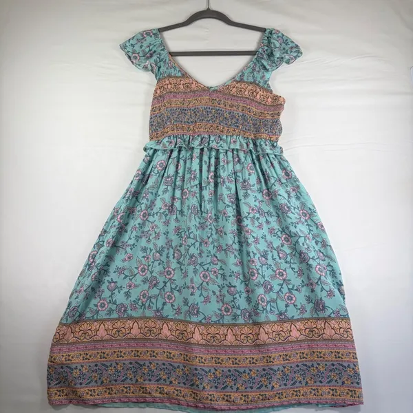 Teal Floral Smocked Midi Dress Womens‎ Medium Boho Flutter Sleeve Peasant V-Neck - Image 2