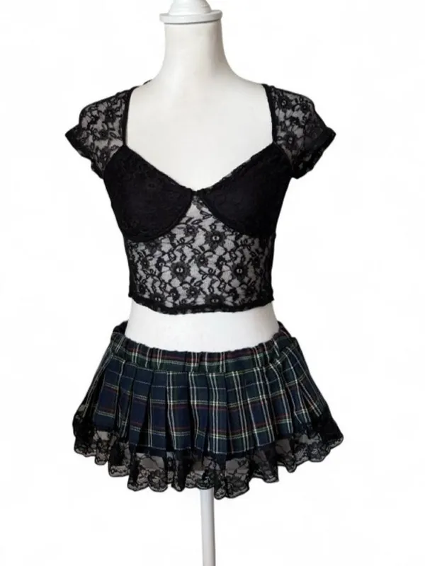 Sexy Plaid Costume Set Black Size XS - Image 2