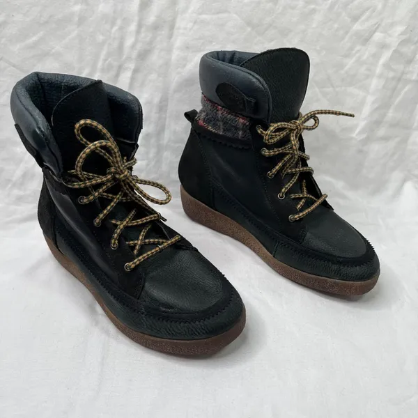 coolway Black Leather Plaid trim Lace Up Ankle Boots US 7 - Image 2