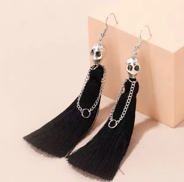 Black Tassel Skull Drop Earrings - Image 3