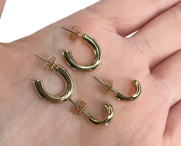 Shiny Gold Tone Huggie Hoops Rhinestone Pierced Earrings Set - Image 2