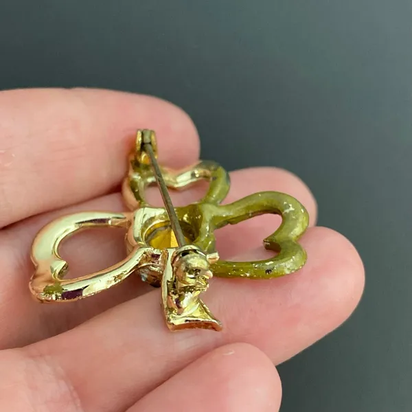 Vintage Gold Tone Shamrock Brooch Pin Green Rhinestone St. Patrick’s Day - Image 7