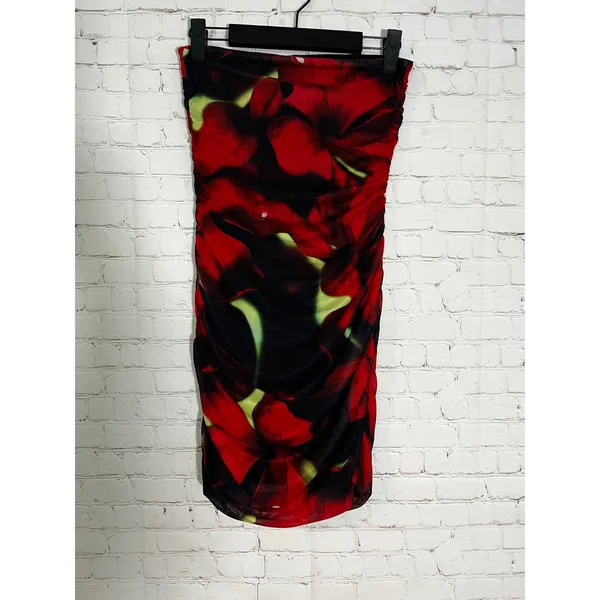 White Fox Ibiza Nights Strapless Mini‎ Dress Red Hibiscus Floral Ruched Mesh S - Image 6