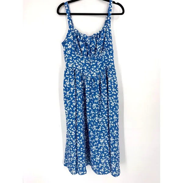 Scarlet Darkness Midi Dress Womens L Blue Floral Milkmaid Smocked Cottagecore - Image 2