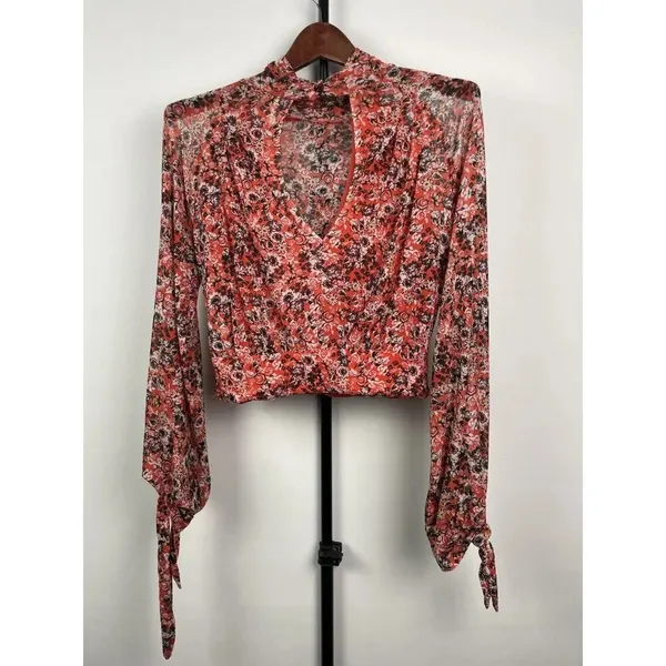 Free People All Dolled Up Mesh Floral Mock Neck Top Blouse Size XS‎ Open Back - Image 9