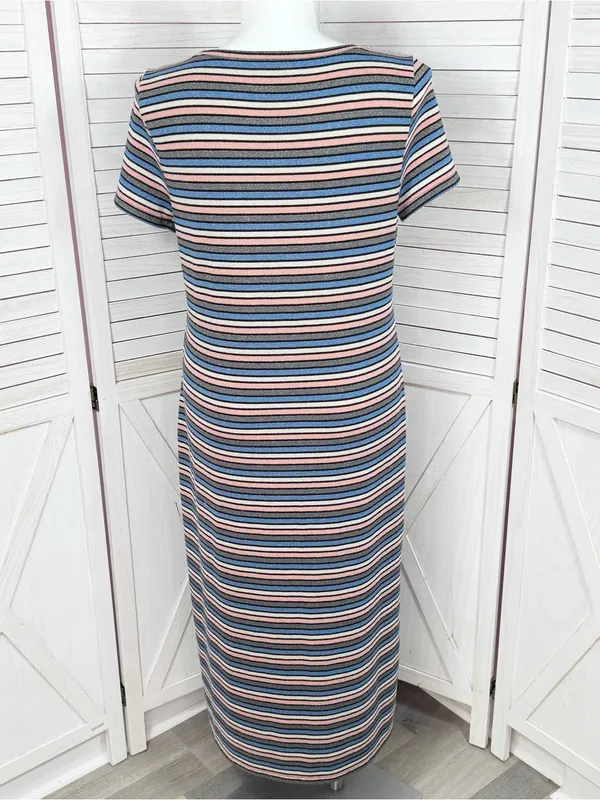 Loft Striped Shimmer Knit Midi Tee Shirt Dress Pink Blue Grey Metallic Size XL - Image 4
