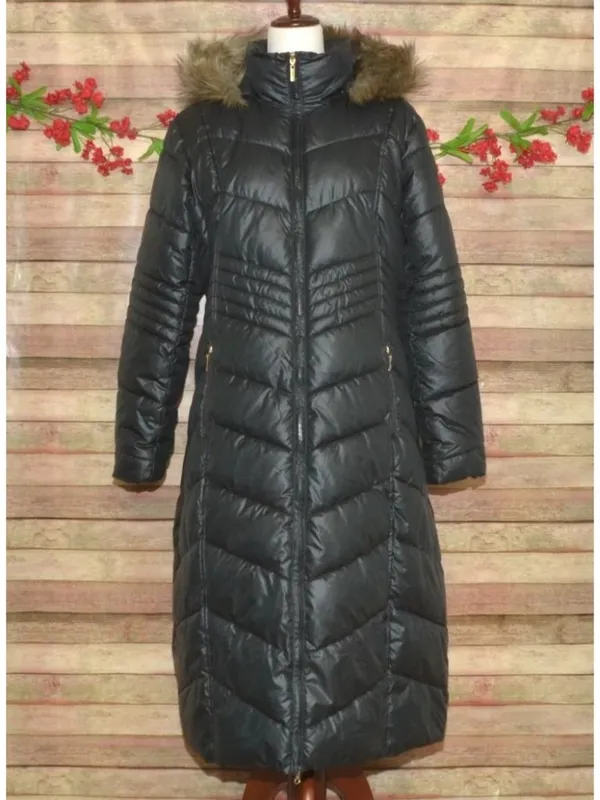 Gallery New York Womens L Long Maxi Puffer Coat Black Faux Fur Hood Quilted - Image 9