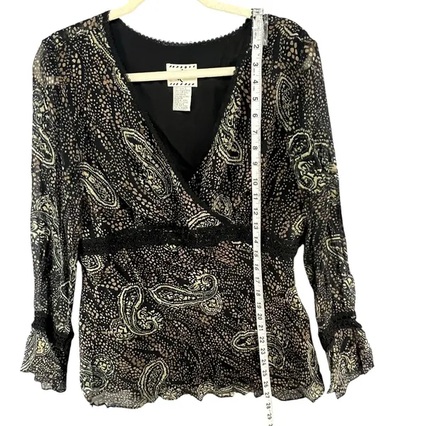ICE Y2K Silk Babydoll Top Womens L Black Abstract Paisley Lined Whimsigoth Boho‎ - Image 9