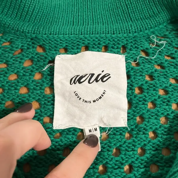 Aerie Kelly Green Open Knit Polo Sweater Sz M - Image 3