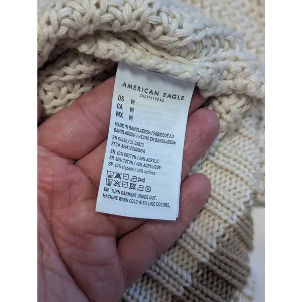 American Eagle AE Tipped Button-Up Cardigan Sweater Chunky Knit Cream Preppy Tan - Image 3