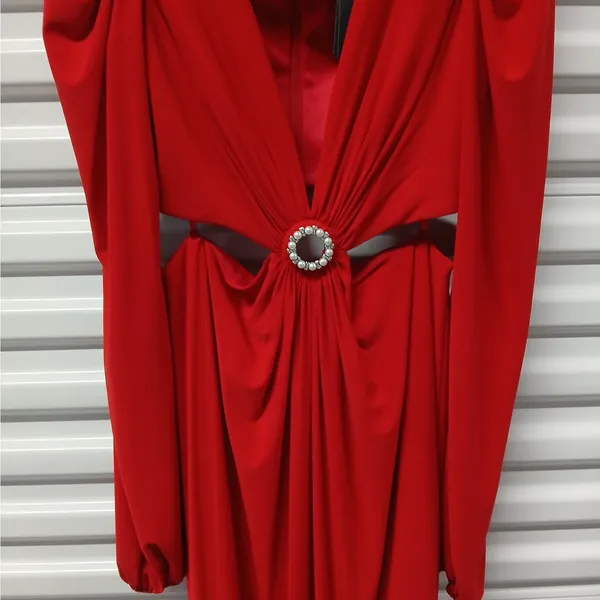 $398 Mac Duggal Ieena Formal Evening Gown Womens 10 Red Maxi Dress Wedding Party - Image 9