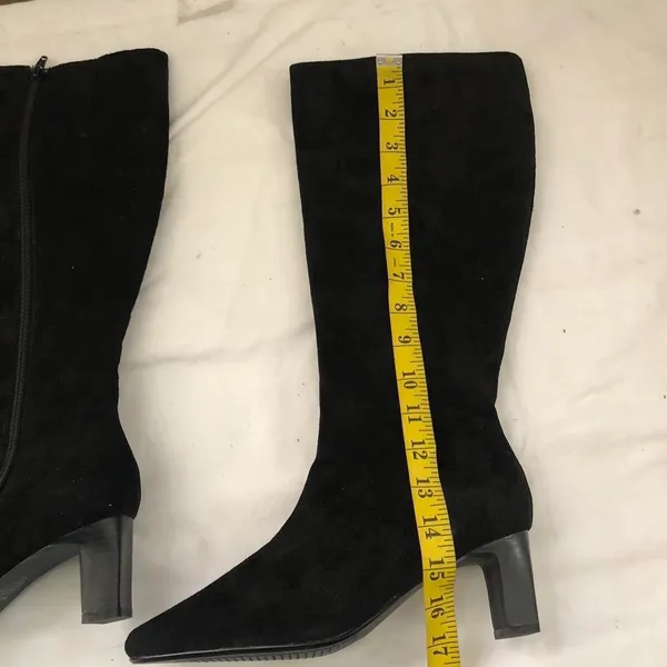 AJ Valenci Real Leather Suede Dark Black Preppy Academia Goth Tall Knee High Boots Kitten Block Heels Square Pointed Toe Grunge Whimsigoth Festival Western Country Sz 8M New in Box - Image 6