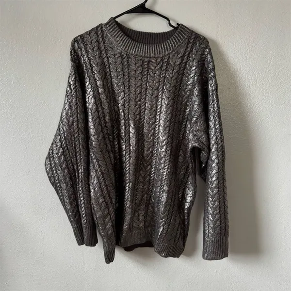 Topshop Premium Womens S Metallic Gray Chunky Knit Oversized Sweater Pullover - Image 6