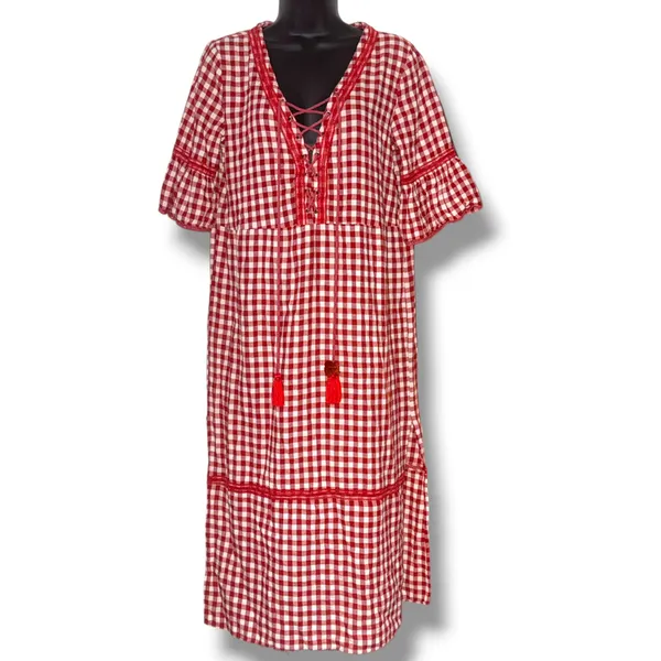 POL red and white gingham lace up flutter sleeve dress - Image 2