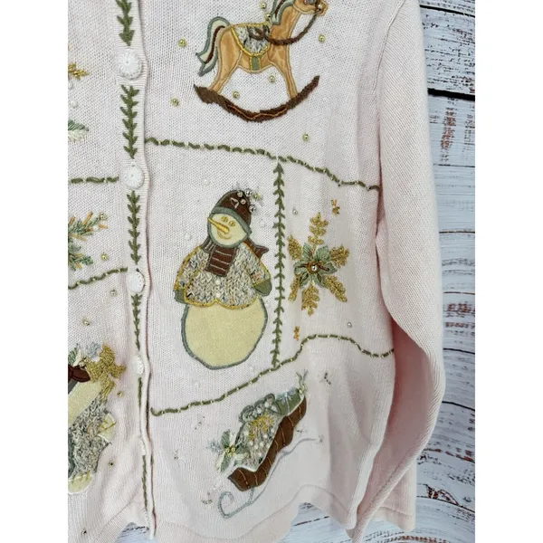 Vintage Ugly Christmas Sweater Women's‎ XL Pink Winter Holiday Beaded Cardigan - Image 4