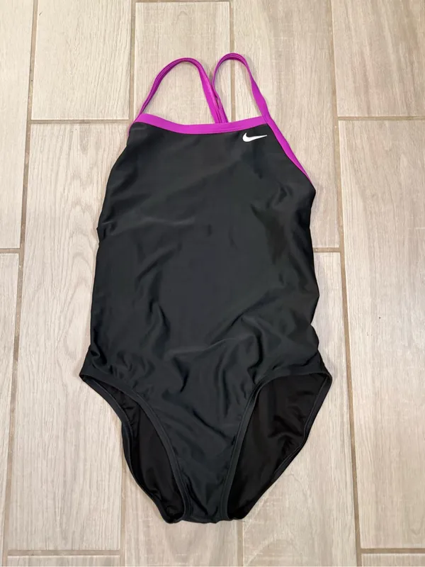 Nike Black One-Piece Swimsuit with Purple Trim - Image 3