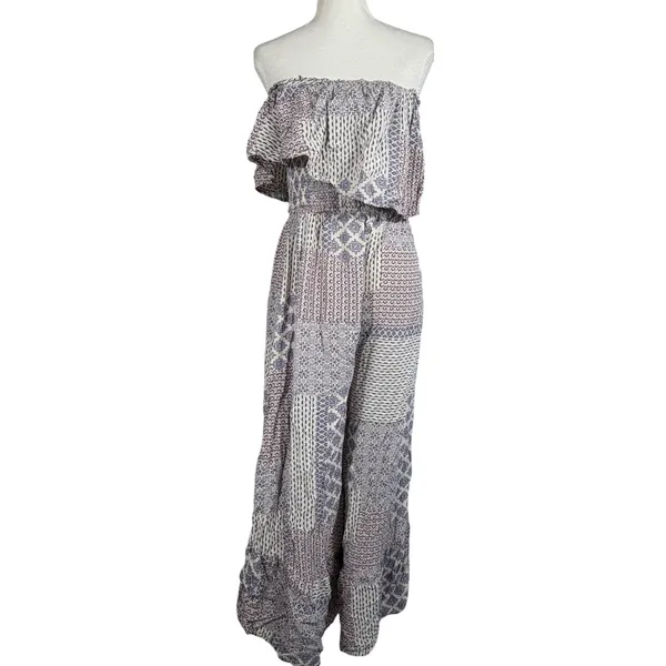 ILLA ILLA Patchwork Jumpsuit Womens L Blue Boho Off Shoulder Wide Leg Rayon - Image 12