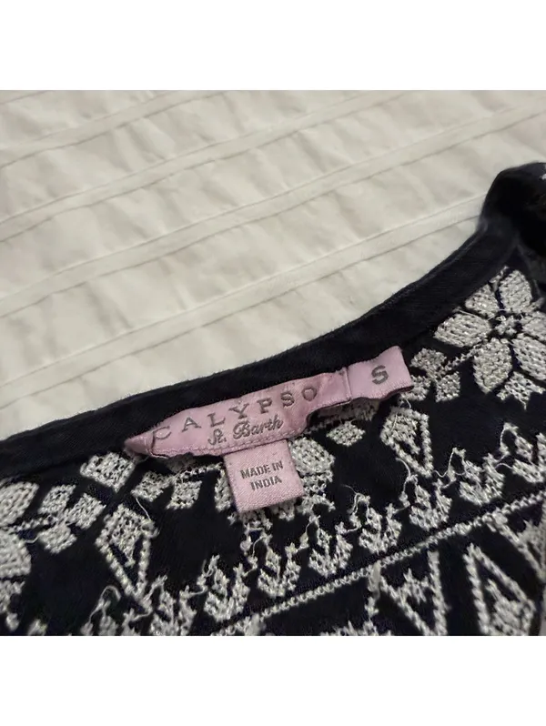Calypso St. Barth 100% Linen Navy Blue White Embroidered Shift Dress Mini Small - Image 10