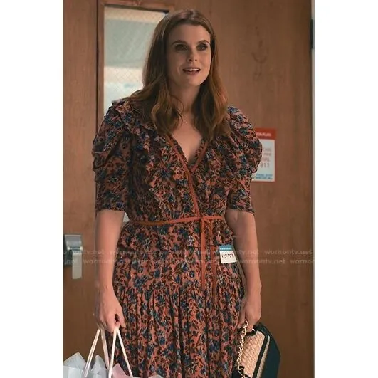 Ulla Johnson Lisette Rust Blue Floral Puff Sleeve Ruffle Wrap Midi Dress - Image 8