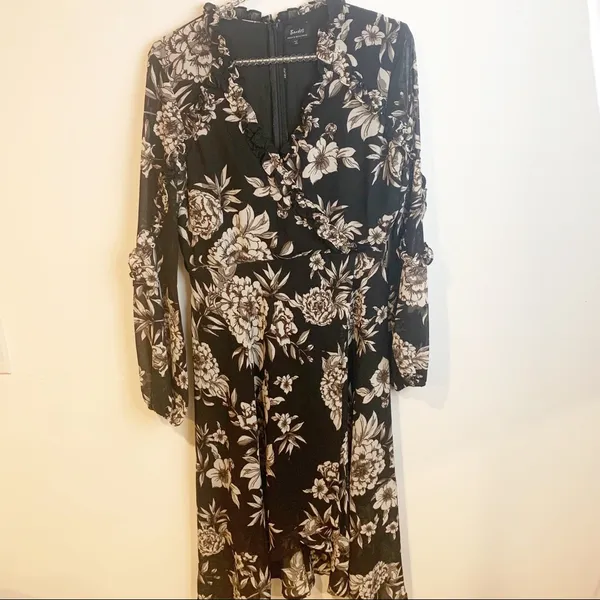Bardot Size 6‎ Black Tan Floral Romantic Long Bubble Sleeve Wrap Dress - Image 2