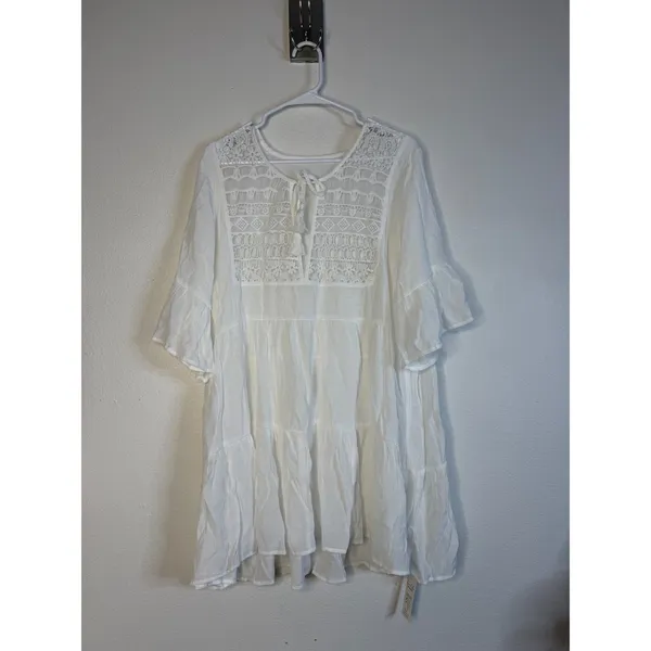 Cupshe White Crochet Lace Tiered Mini Dress Tassel Tie Beach Coverup Size L - Image 2