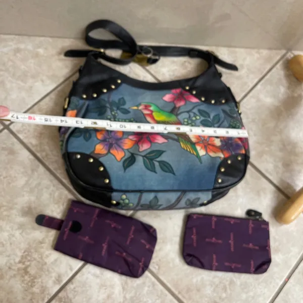 Anuschka Hand Painted Leather Hobo Bag Blue Tropical Bird Floral coin&cell case - Image 8