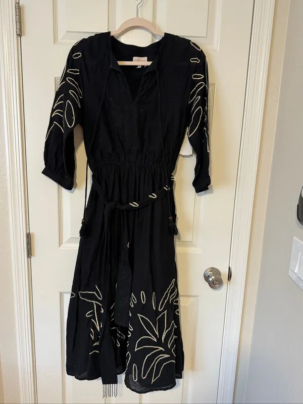 NWT CIEBON Eliza Embroidered A-Line Midi Dress Black Boho Cotton XS - Image 4