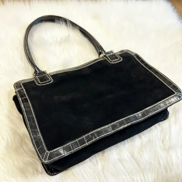 Jaclyn Smith Black Suede Croc‎ Embossed Trim Shoulder Bag Purse Tote Work Bag - Image 10