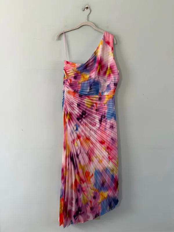 NWT Belle Badgley Mischka Kelsey Pleated Pink Multi Asymmetric Midi‎ Dress - Image 2