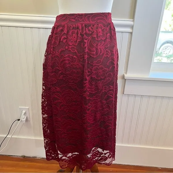 Lace Midi Skirt Burgundy Floral Scalloped Hem High Waist Size Small - Image 11