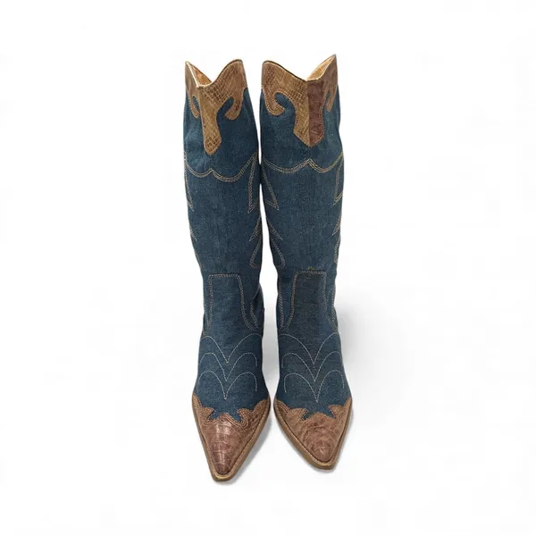 Dollhouse Blue and Brown Denim Heeled Boots - Image 4