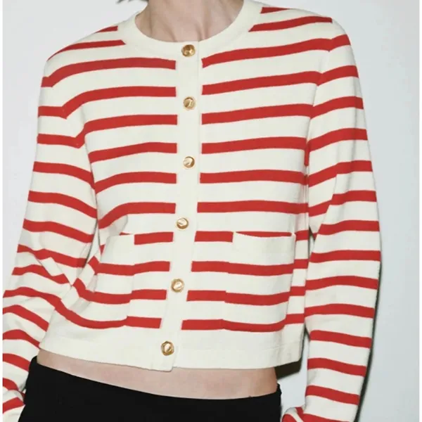 Urban Revivo Striped Cardigan Red White Gold Button Crew Neck‎ Knit Sweater - Image 2