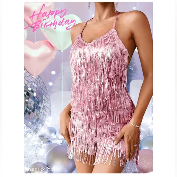 NWT Kaei&Shi Pink Sequin Fringe Romper - Medium - Image 3