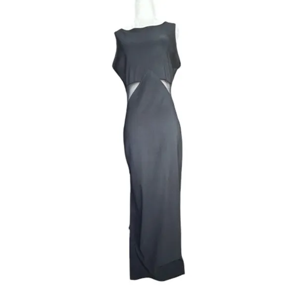 Vintage Black Mesh Cutout Maxi Dress Sleeveless Bodycon Column Gown Minimalist‎ - Image 3