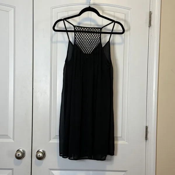 Black Chiffon Mini Dress Mesh Racerback Spaghetti Strap Babydoll L Casual Chic - Image 4