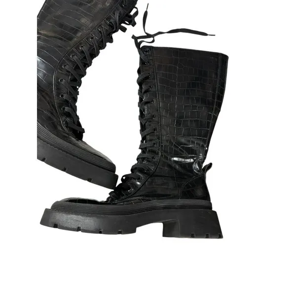 Zara Black Croc-Embossed Lace-Up Combat Boots Size 36 - Image 11