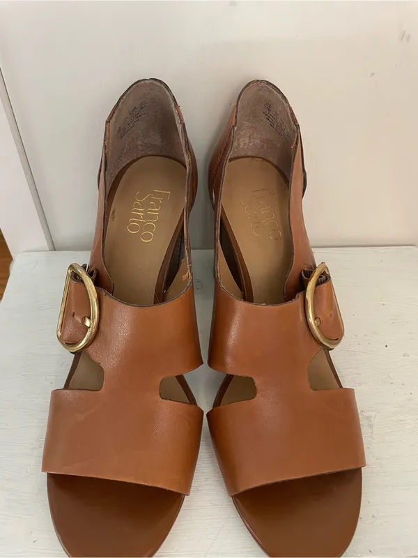 Franco Sarto Cognac Leather Block Heel Sandals with Gold Buckle - Image 2