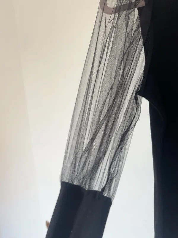 SheIn Black Ribbed Sheer Mesh Sleeve Mock Neck Top M - Image 4