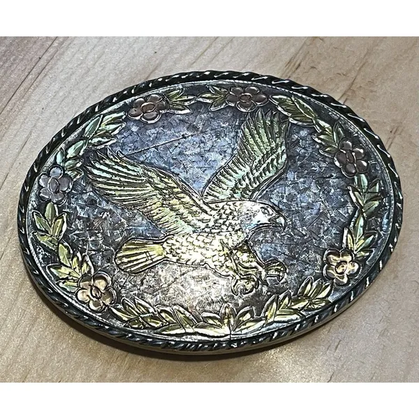 Vintage Eagle Belt Buckle Made In USA Mixed Metal Silver Gold Copper Oval - Image 4