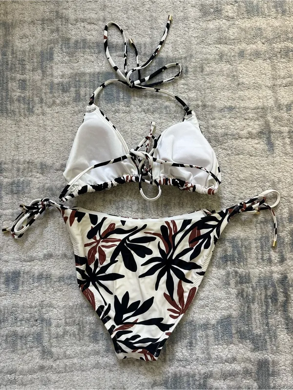 Target White Tropical Print Tie-Side Bikini with Black and Brown Leaves - Image 2