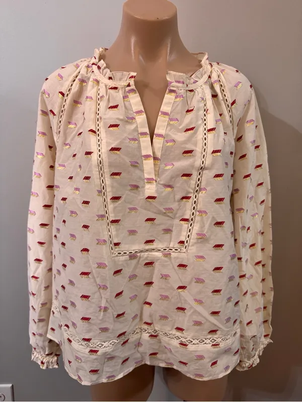 Point Sur J. Crew White Metallic Shirt Top Medium White Embroidered Pink Gold - Image 3